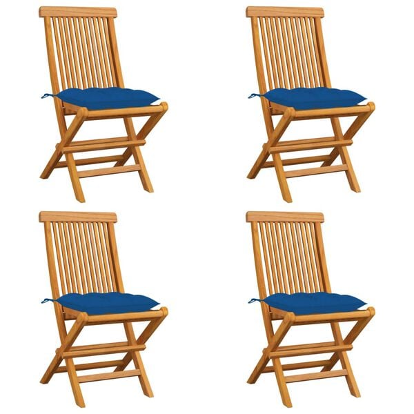 vidaXL Cadeiras de jardim c/ almofad&otilde;es azuis 4 pcs teca maci&ccedil;a