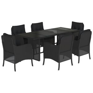 vidaXL 7 pcs conjunto de jantar p/ jardim c/ almofad&otilde;es vime PE preto