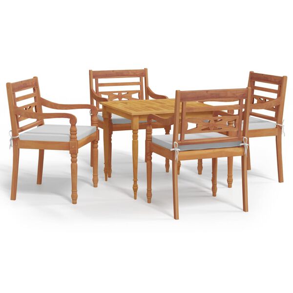 vidaXL 5 pcs conjunto de jantar p/ jardim c/ almofadões teca maciça