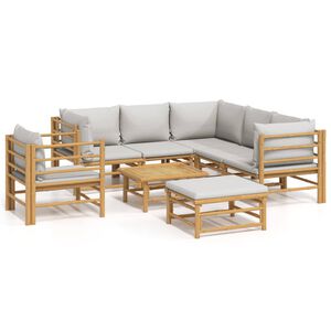 vidaXL 8 pcs conj. lounge de jardim bambu c/ almofad&otilde;es cinzento-claro