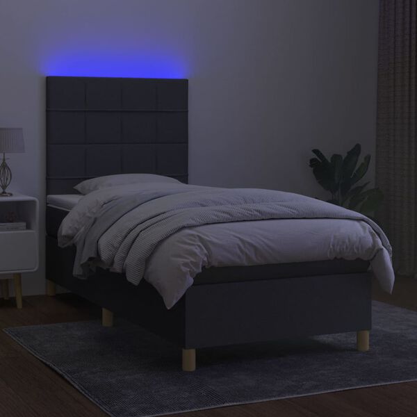 vidaXL Cama box spring c/ colch&atilde;o e LED 90x190 cm tecido cinza-escuro
