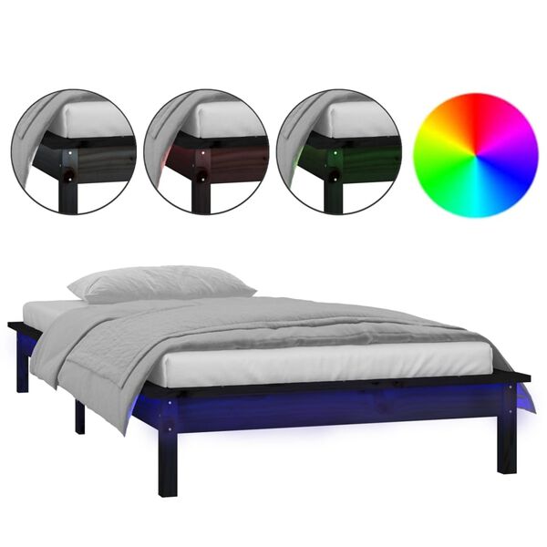 vidaXL Estrutura de cama c/ LED solteiro 90x190cm madeira maci&ccedil;a preto