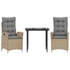vidaXL 3 pcs conjunto de jantar p/ jardim com almofad&otilde;es vime PE bege