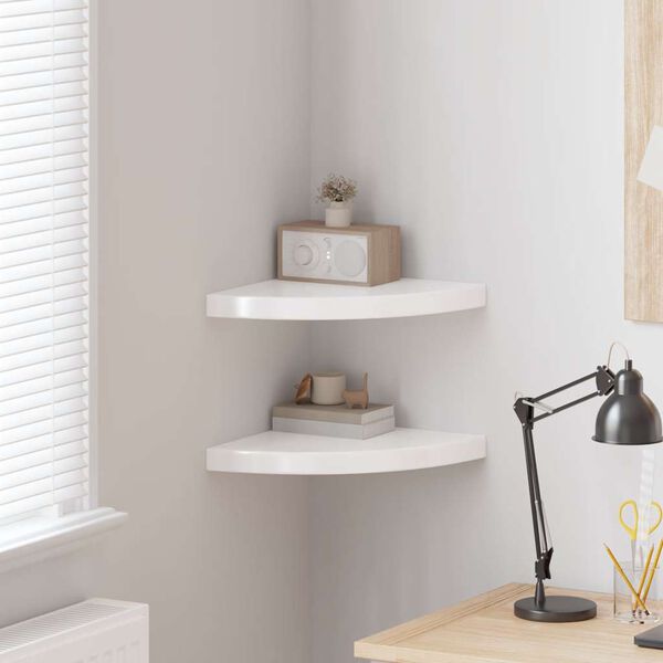 vidaXL Prateleiras canto suspensas 2 pcs 35x35x3,8cm MDF branco brilh.