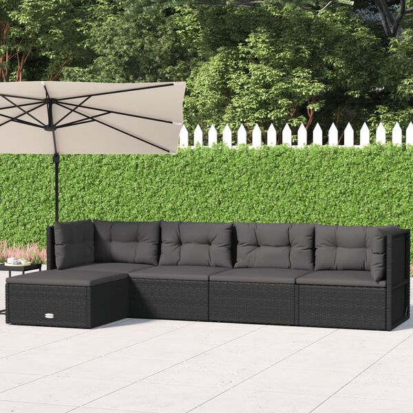 vidaXL 5 pcs conjunto lounge de jardim c/ almofadões vime PE preto