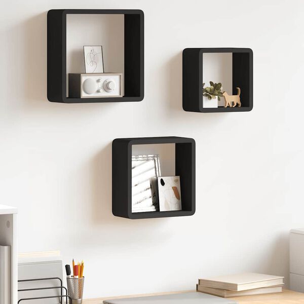 vidaXL Prateleiras de parede em forma de cubo 3 pcs MDF preto
