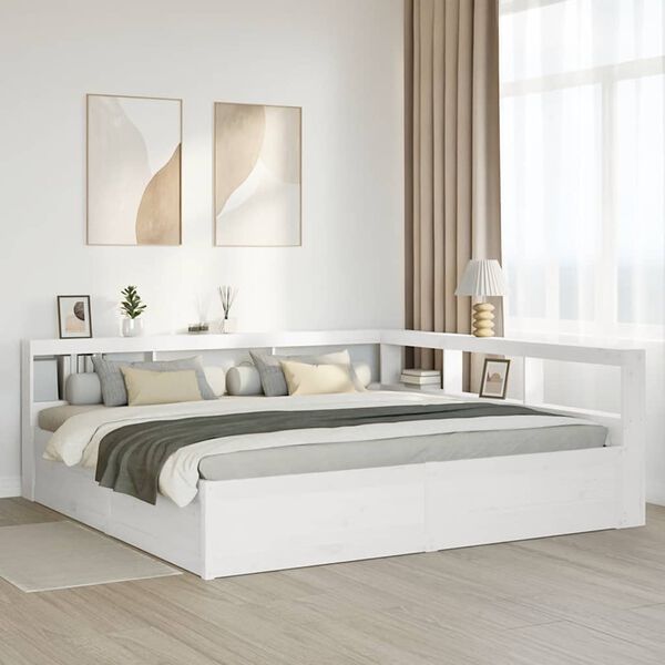 vidaXL Cama com estante sem colch&atilde;o 200x200 cm pinho maci&ccedil;o branco