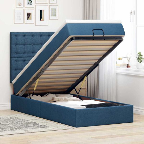 vidaXL Cama Otomana com Colch&atilde;o & LEDs Tecido Azul 100x200 cm