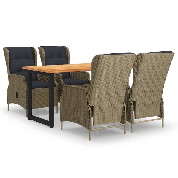 vidaXL 5 pcs conjunto jantar p/ jardim c/ almofad&otilde;es vime PE castanho