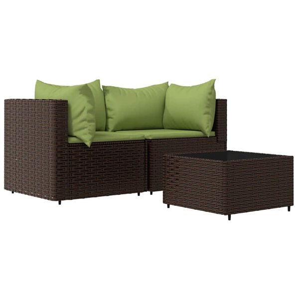 vidaXL 3 pcs conjunto lounge jardim c/ almofadões vime PE castanho