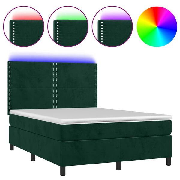 vidaXL Cama box spring c/ colch&atilde;o/LED 140x200 cm veludo verde-escuro