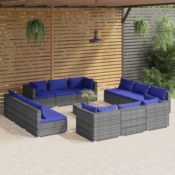vidaXL 13 pcs conjunto lounge de jardim c/ almofadões vime PE cinzento