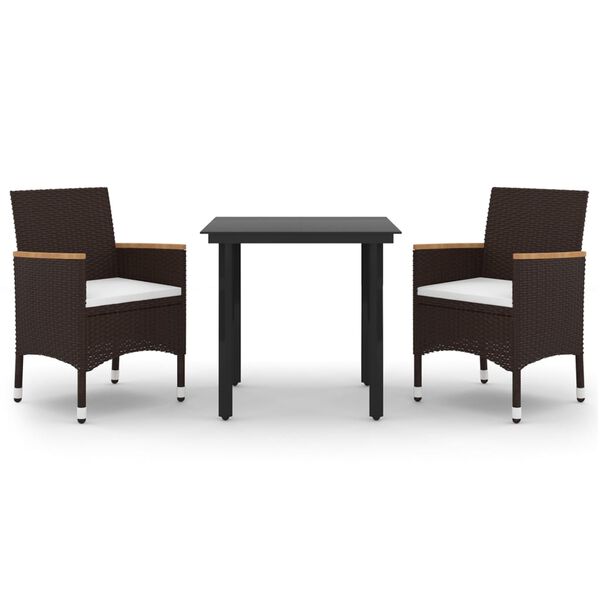 vidaXL 3 pcs conjunto de jantar p/ jardim c/ almofad&otilde;es vime PE/vidro