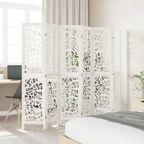 vidaXL Biombo com 6 pain&eacute;is madeira de paulownia maci&ccedil;a branco