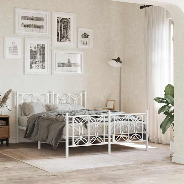 vidaXL Estrutura de cama com cabeceira e p&eacute;s 135x190 cm metal branco
