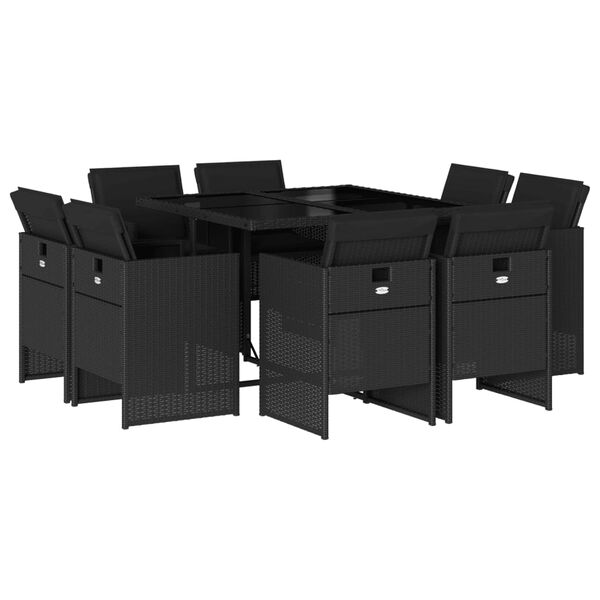 vidaXL 9 pcs conjunto de jantar p/ jardim c/ almofad&otilde;es vime PE preto