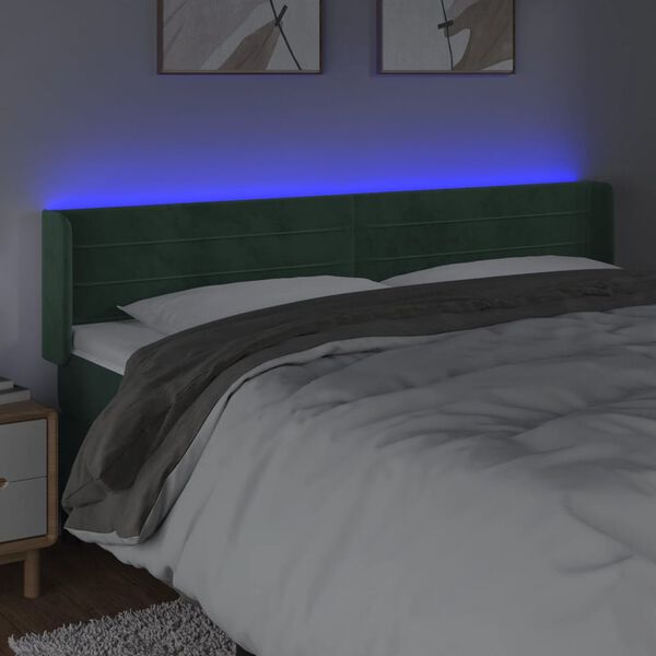 vidaXL Cabeceira cama c/ luzes LED veludo 183x16x78/88 cm verde-escuro