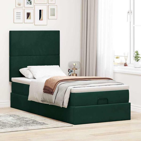 vidaXL Estrutura de cama otomana colch&otilde;es 90x200cm veludo verde escuro