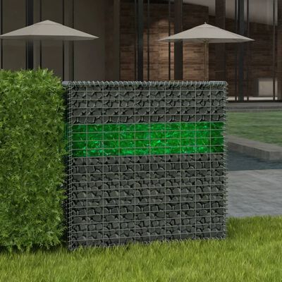 vidaXL Muro gabião de jardim c/ rochas de vidro e luz LED 100x30x100cm