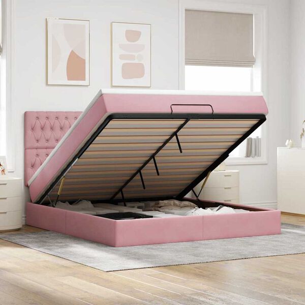 vidaXL Estrutura de cama otomana com colch&otilde;es 160x200 cm veludo rosa