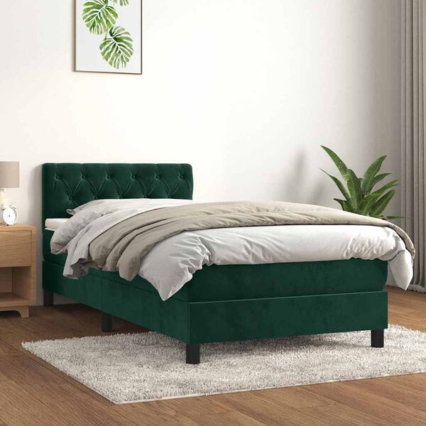 vidaXL Cama com molas/colch&atilde;o 90x200 cm veludo verde-escuro