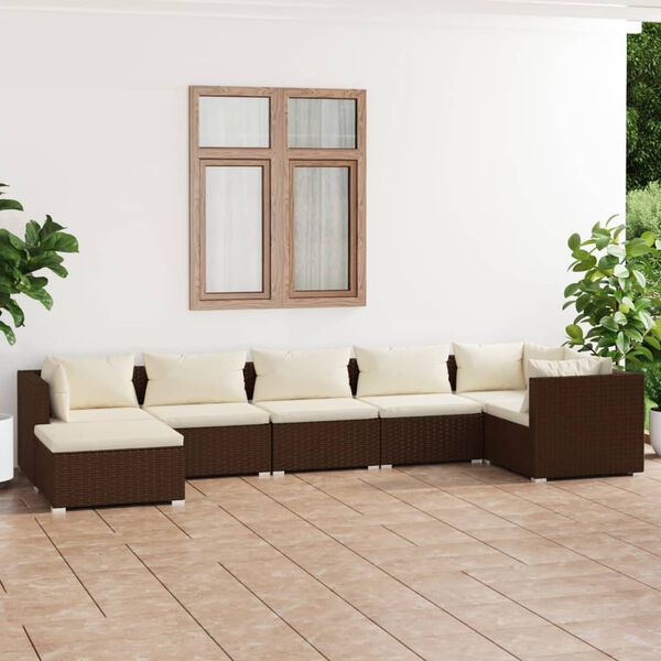 vidaXL 7 pcs conjunto lounge jardim c/ almofad&otilde;es vime PE castanho