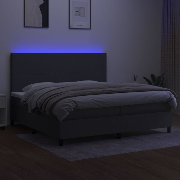 vidaXL Cama box spring c/ colch&atilde;o e LED 200x200 cm tecido cinza-escuro