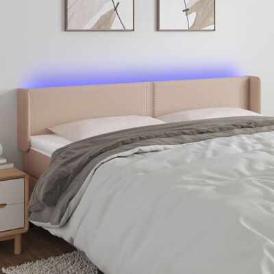 vidaXL Cabeceira cama LED couro artificial 203x16x78/88 cm cappuccino