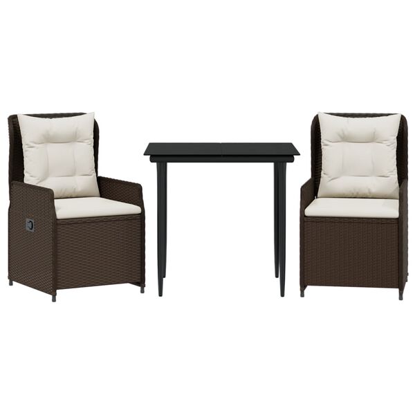 vidaXL 3 pcs conjunto jantar p/ jardim c/ almofadões vime PE castanho