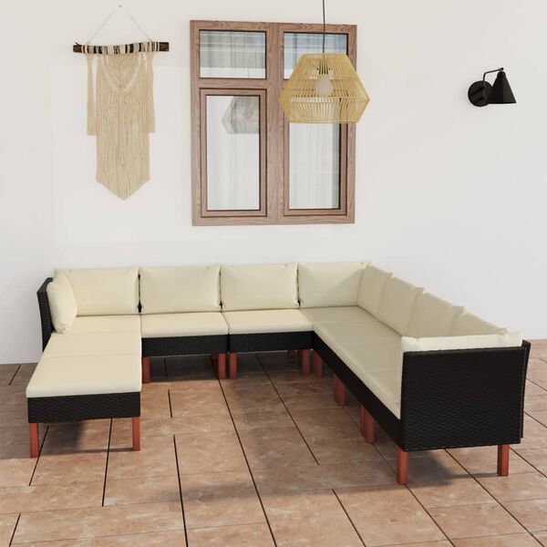 vidaXL 9 pcs conjunto lounge de jardim c/ almofad&otilde;es vime PE preto