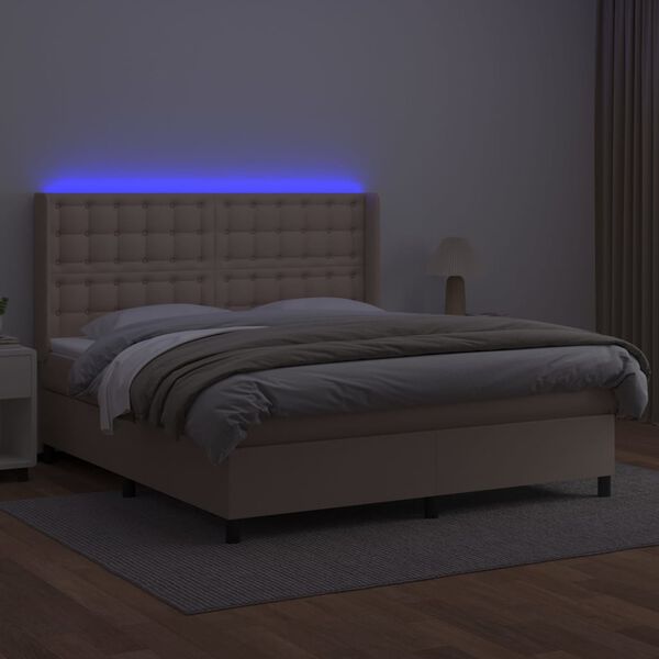 vidaXL Cama box spring c/colch&atilde;o/LED 180x200cm couro artif. cappuccino