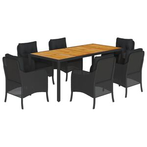 vidaXL 7 pcs conjunto de jantar p/ jardim c/ almofad&otilde;es vime PE preto