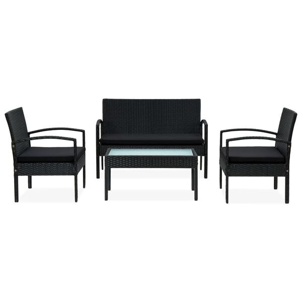 vidaXL 4 pcs conjunto lounge de jardim c/ almofad&otilde;es vime PE preto