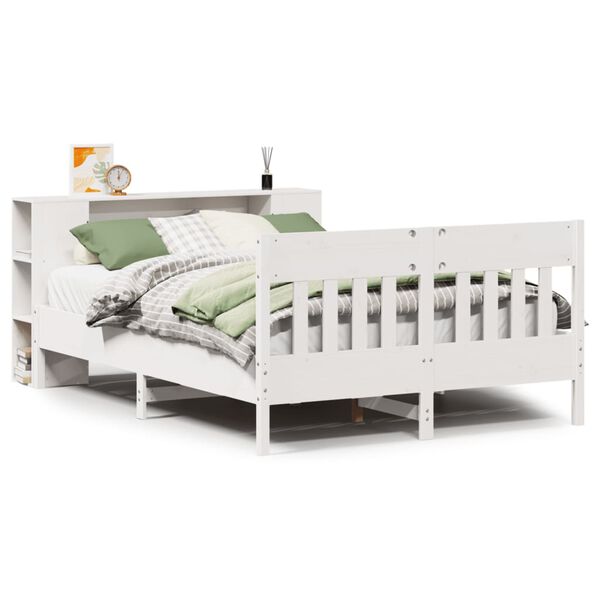 vidaXL Cama com estante sem colch&atilde;o 150x200 cm pinho maci&ccedil;o branco