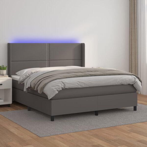 vidaXL Cama box spring c/ colch&atilde;o/LED 160x200cm couro artificial cinza
