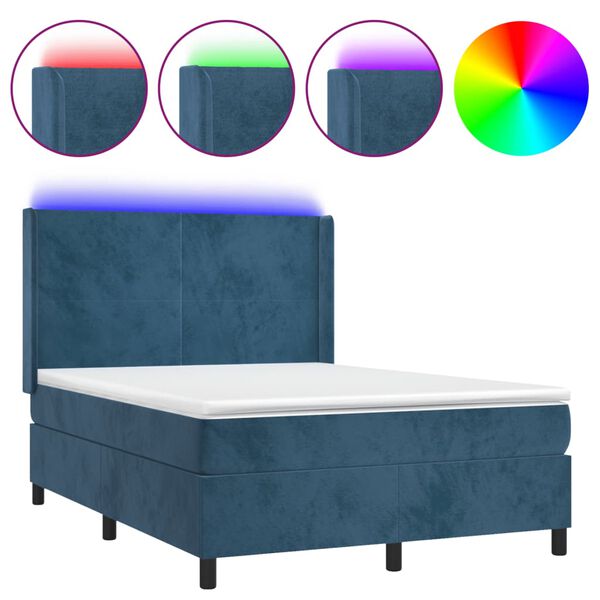 vidaXL Cama box spring c/ colch&atilde;o/LED 140x190 cm veludo azul-escuro