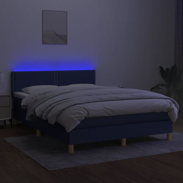 vidaXL Cama box spring c/ colch&atilde;o e LED 140x200 cm tecido azul