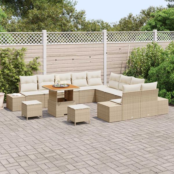 vidaXL Conjunto de Sof&aacute; de Jardim com almofada 13 pcs Bege vime PE