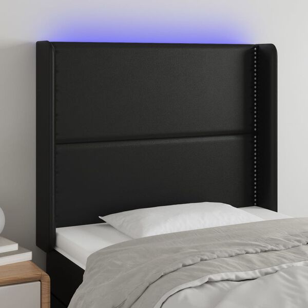vidaXL Cabeceira cama c/ LED couro artificial 103x16x118/128 cm preto