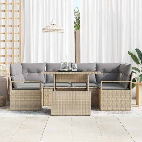 vidaXL Conjunto de Sof&aacute; de Jardim com armazenamento 7 pcs Bege vime PE