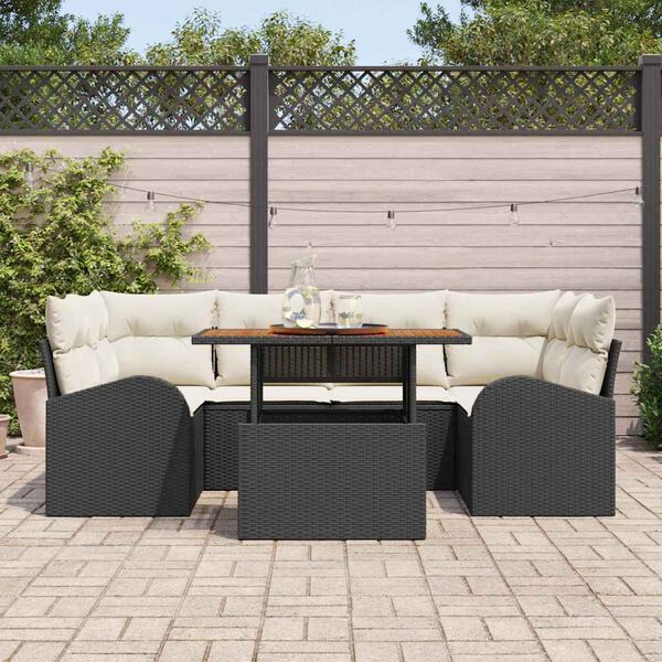 vidaXL Conjunto de Sof&aacute; de Jardim com almofada 7 pcs Preto e creme