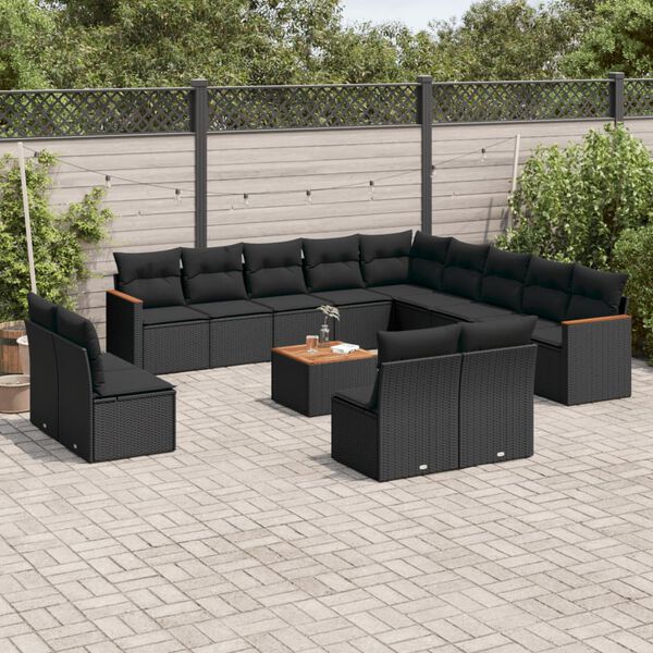 vidaXL 14 pcs conjunto de sof&aacute;s p/ jardim c/ almofad&otilde;es vime PE preto