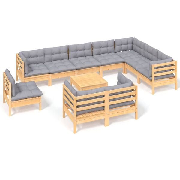 vidaXL 11pcs conjunto lounge de jardim + almofad&otilde;es cinza pinho maci&ccedil;o