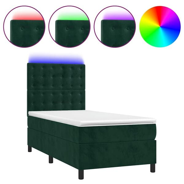 vidaXL Cama box spring c/ colch&atilde;o/LED 90x190 cm veludo verde-escuro