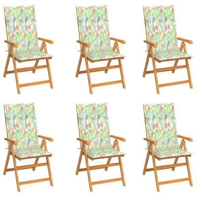 vidaXL Cadeiras jardim c/ almofadões padrão folhas 6 pcs teca maciça