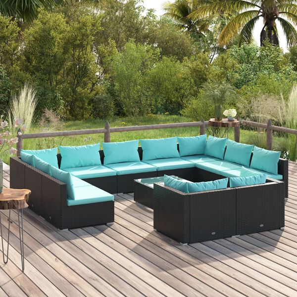 vidaXL 12 pcs conjunto lounge de jardim c/ almofad&otilde;es vime PE preto