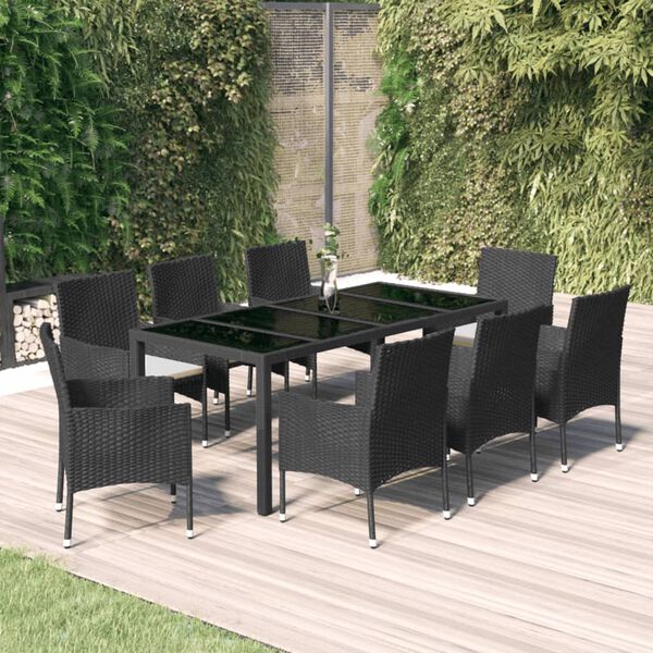 vidaXL 9 pcs conjunto de jantar p/ jardim c/ almofad&otilde;es vime PE preto
