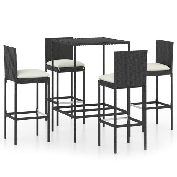 vidaXL 5 pcs conjunto de bar p/ jardim c/ almofad&otilde;es vime PE preto
