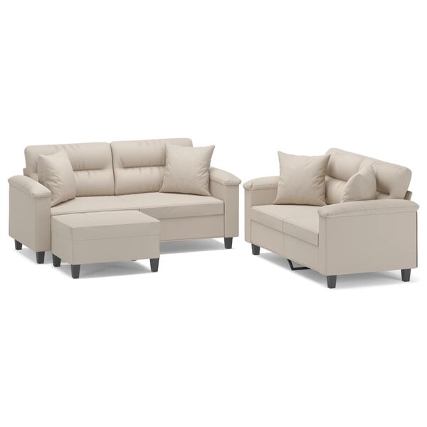 vidaXL 3 pcs conjunto sof&aacute;s c/ almofadas tecido microfibra cor creme