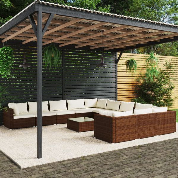 vidaXL 12 pcs conjunto lounge jardim c/ almofad&otilde;es vime PE castanho